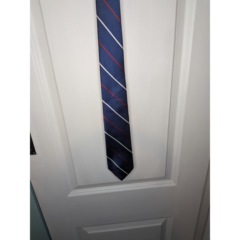 Tommy Hilfiger Mens Navy Blue Red White Diagonal Striped Polyester Necktie